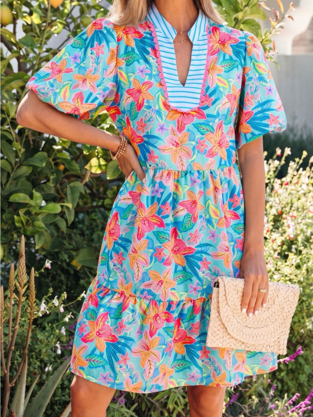 NEW Boutique Large Tropical Floral V-Neck Tiered Sundress in Aqua